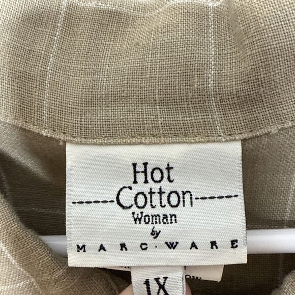 Hot Cotton Marc Ware 1X  100% Linen Shirt Top Tan Windowpane Check Lagenlook USA - Picture 2 of 7